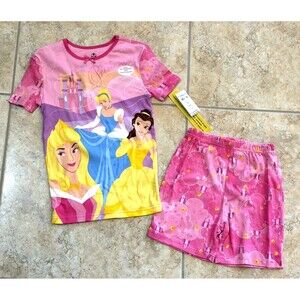 NEW Girl sz 10 summer 2pc pajama set shorts top flame resistant Disney Princess